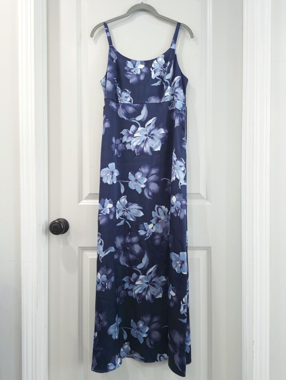 Miss Dorby Vintage Satin Navy Blue Floral Slip Maxi Dress, Wedding Guest - Picture 3 of 15